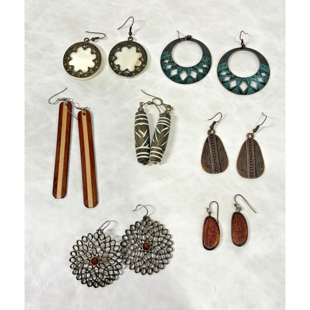 Lot of 7 Boho Earrings Mixed Materials Wood Tribal Ethnic Hoop Drop Dangle